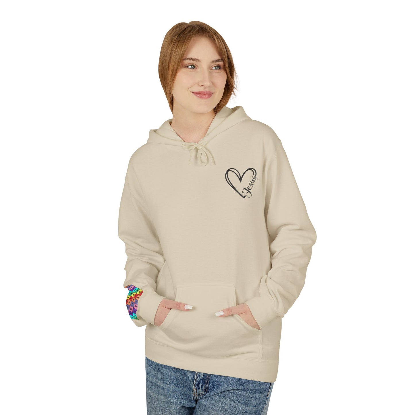 Inspired Fleece Hoodie with Heart and Cross Design, Christian Gift, Casual Wear, Everyday Comfort, Faith-Based Apparel, Cozy Hoodie