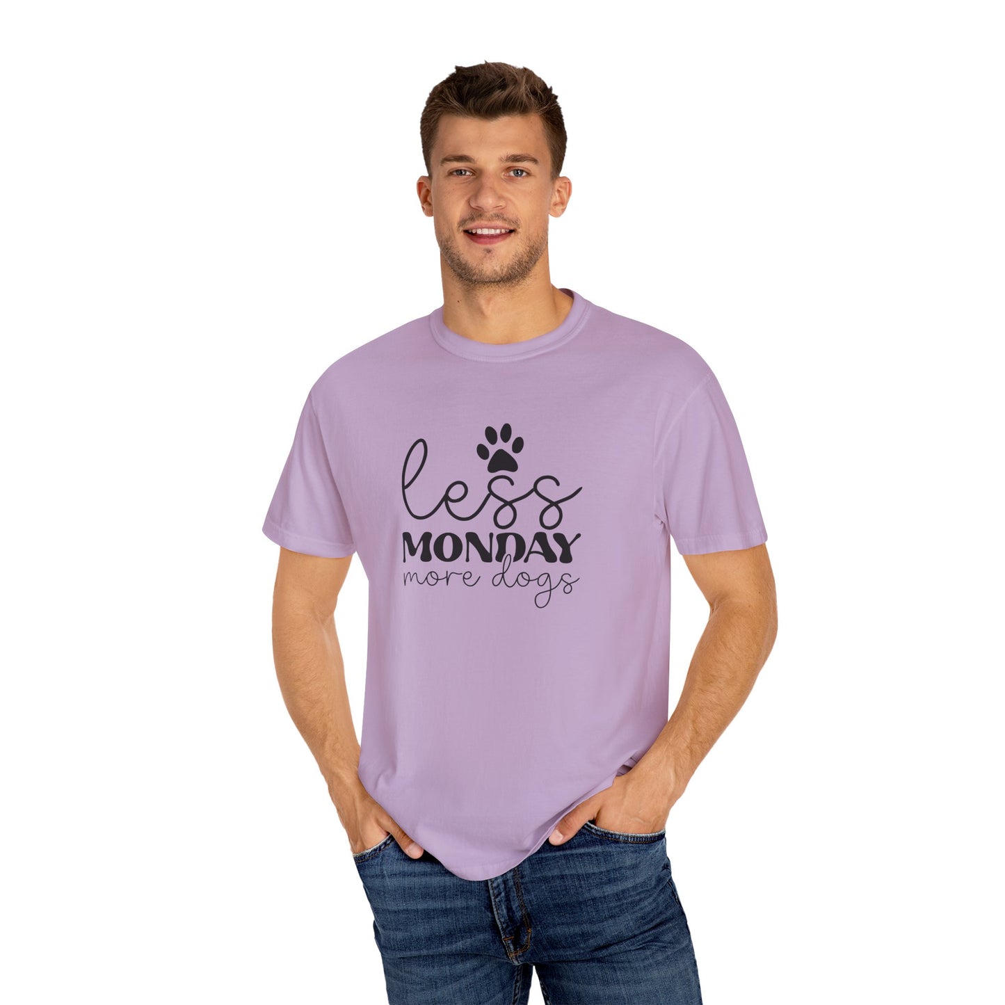 Unisex Garment-Dyed T-Shirt with 'Less Monday More Dogs' Design - Perfect for Dog Lovers, Gifts, Casual Wear, Pet Lovers, Everyday Comfort