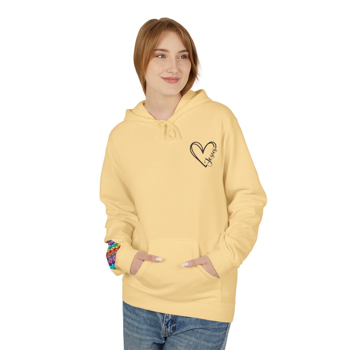 Inspired Fleece Hoodie with Heart and Cross Design, Christian Gift, Casual Wear, Everyday Comfort, Faith-Based Apparel, Cozy Hoodie