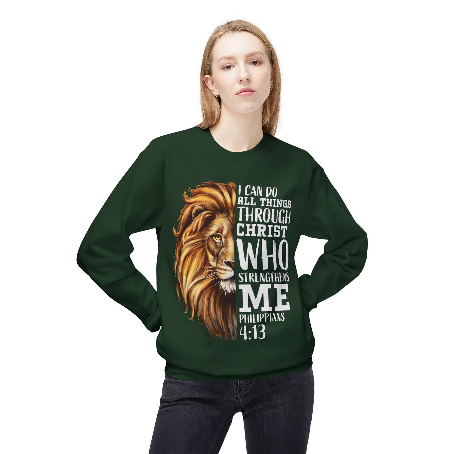 Christian Inspirational Lion Sweatshirt, Motivational Crewneck, Faith-Based Apparel, Cozy Gift for Believers, Scripture Decor
