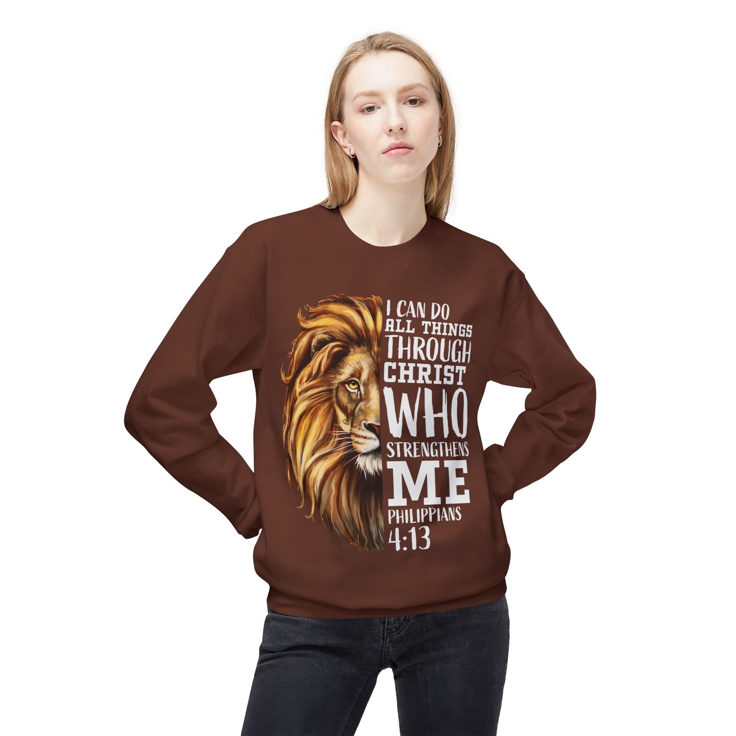 Christian Inspirational Lion Sweatshirt, Motivational Crewneck, Faith-Based Apparel, Cozy Gift for Believers, Scripture Decor