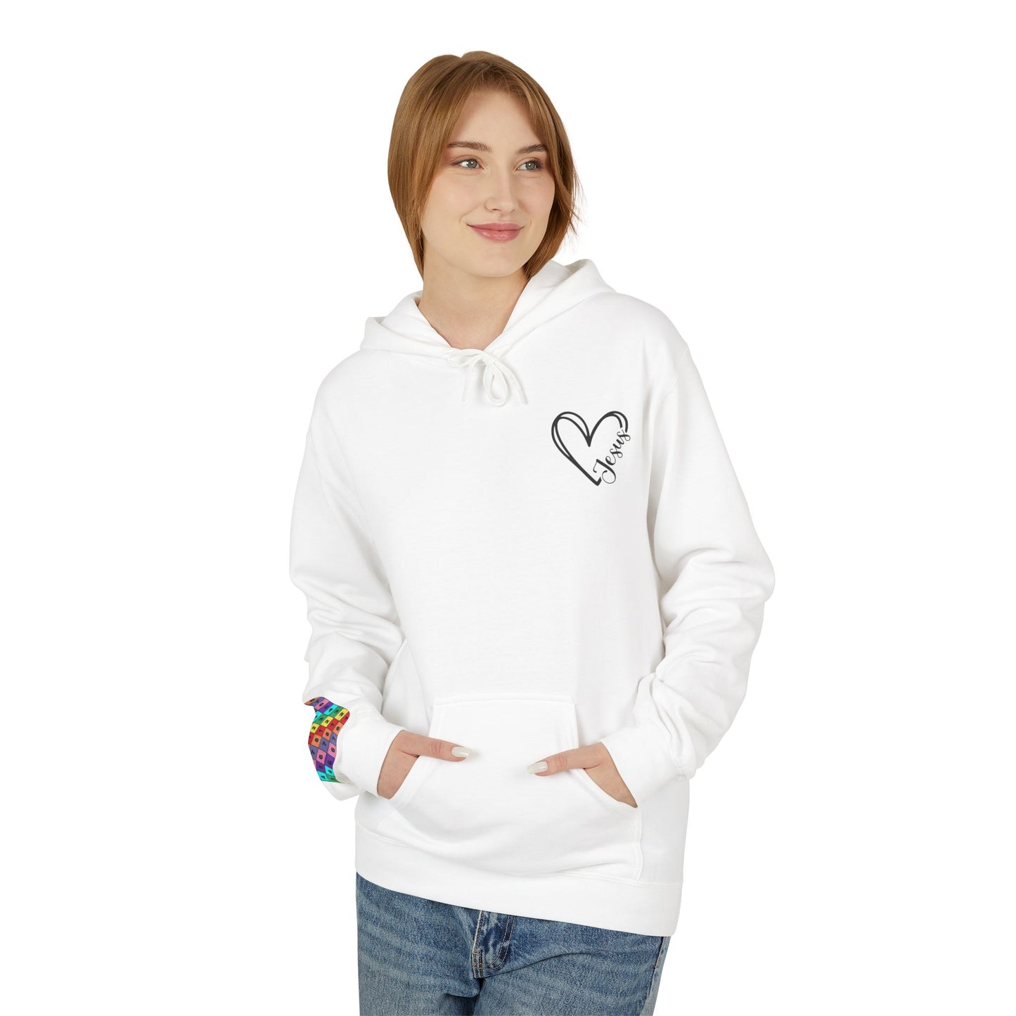 Inspired Fleece Hoodie with Heart and Cross Design, Christian Gift, Casual Wear, Everyday Comfort, Faith-Based Apparel, Cozy Hoodie