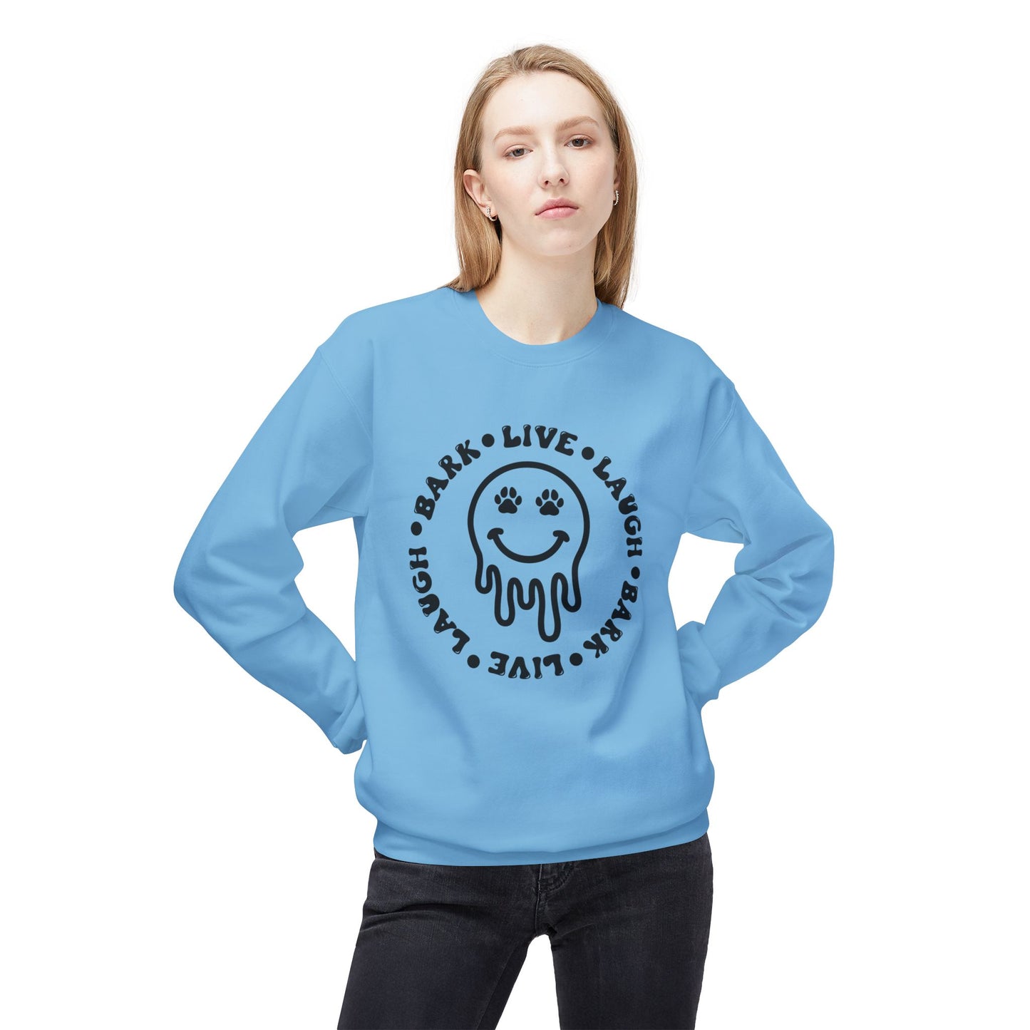 Live Laugh Bark Dog Lover Sweatshirt, Unisex Fleece Crewneck, Funny Pet Gift, Cozy Dog Mom Apparel, Comfortable Dog Owner Hoodie