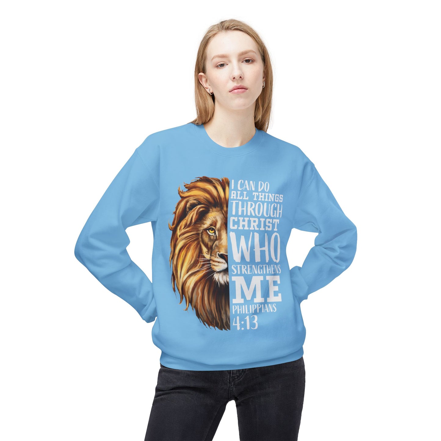 Christian Inspirational Lion Sweatshirt, Motivational Crewneck, Faith-Based Apparel, Cozy Gift for Believers, Scripture Decor