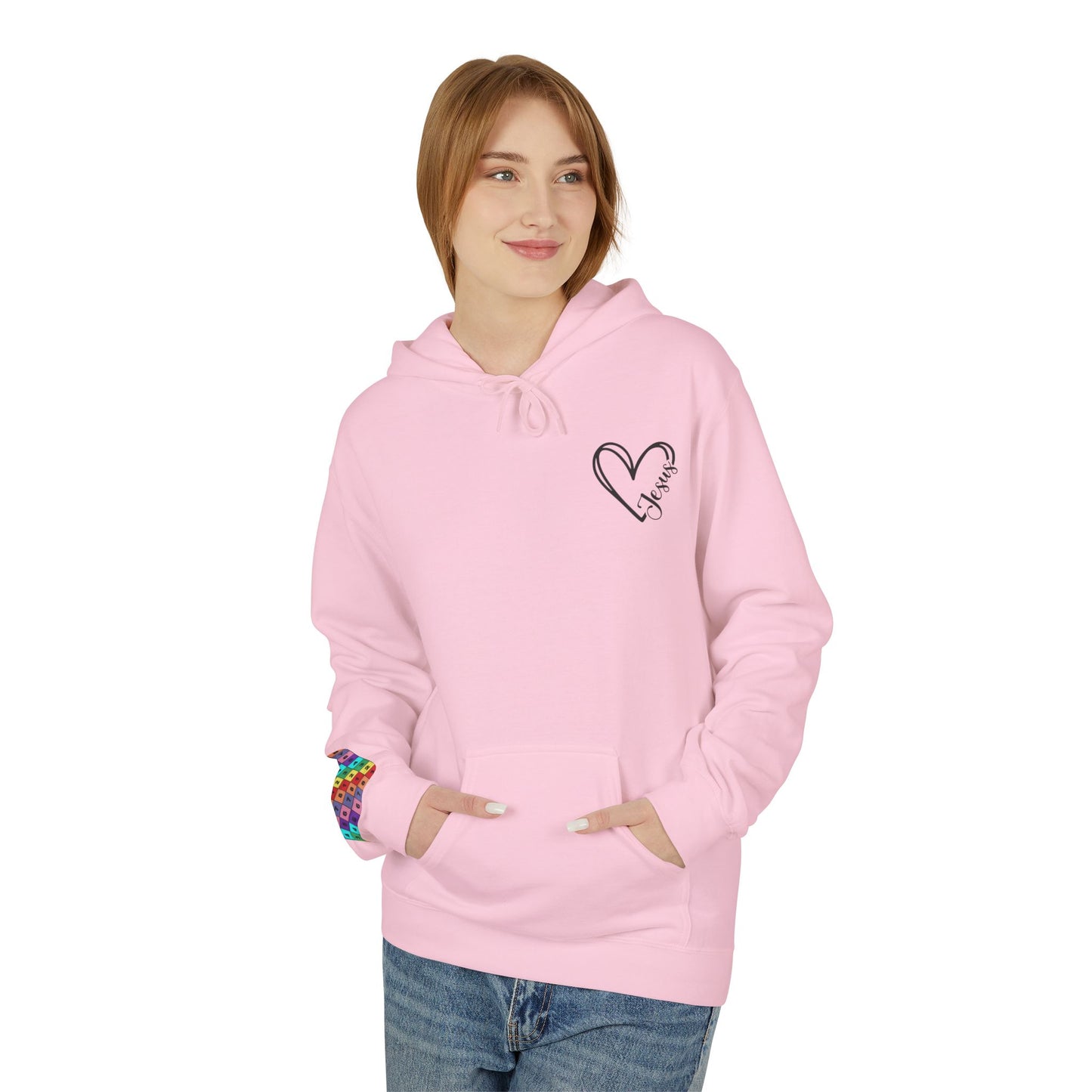 Inspired Fleece Hoodie with Heart and Cross Design, Christian Gift, Casual Wear, Everyday Comfort, Faith-Based Apparel, Cozy Hoodie