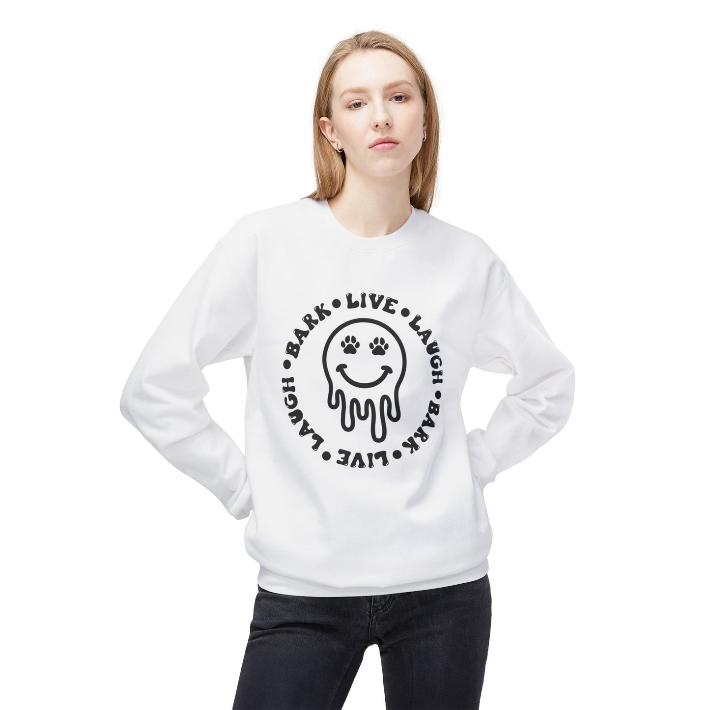 Live Laugh Bark Dog Lover Sweatshirt, Unisex Fleece Crewneck, Funny Pet Gift, Cozy Dog Mom Apparel, Comfortable Dog Owner Hoodie