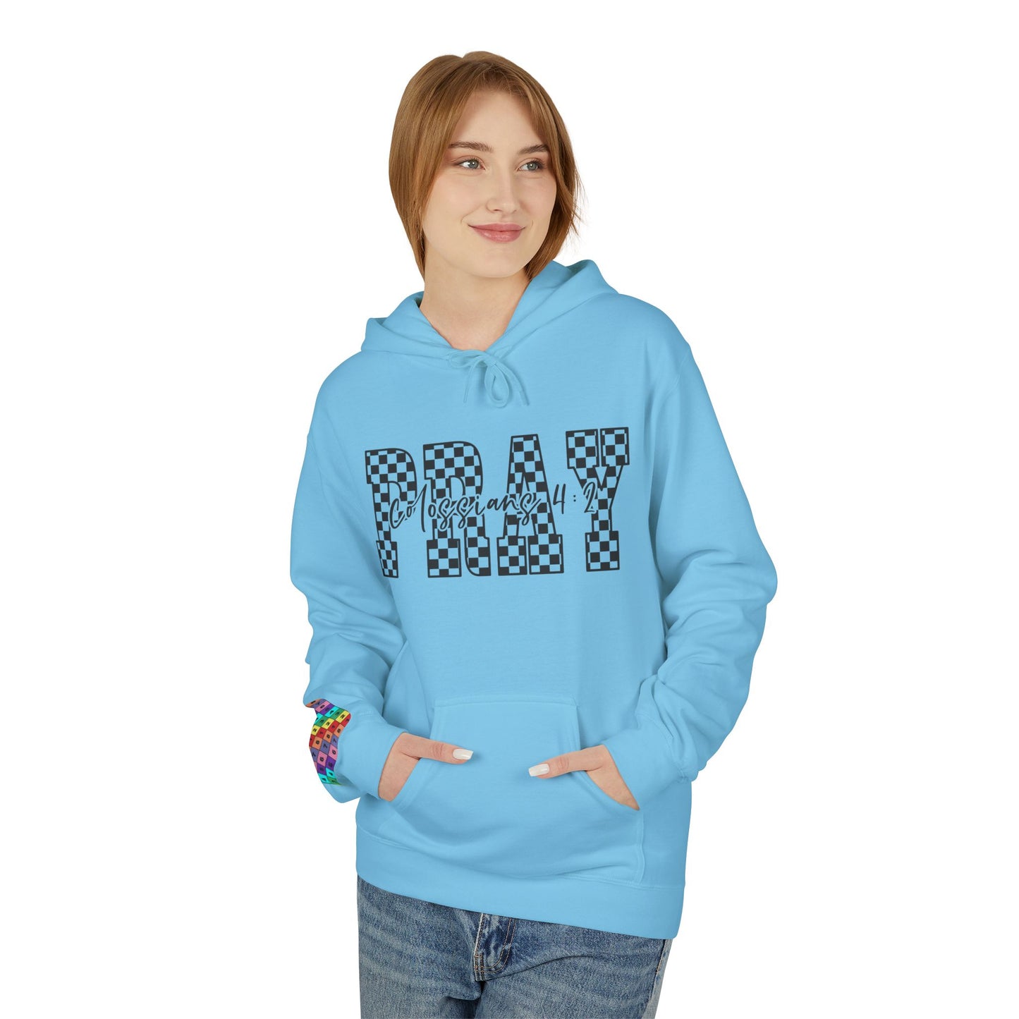 Pray Checkerboard Fleece Hoodie, Comfortable Unisex Hoodie, Spiritual Gift, Casual Wear, Cozy Sweatshirt, Christian hoodie