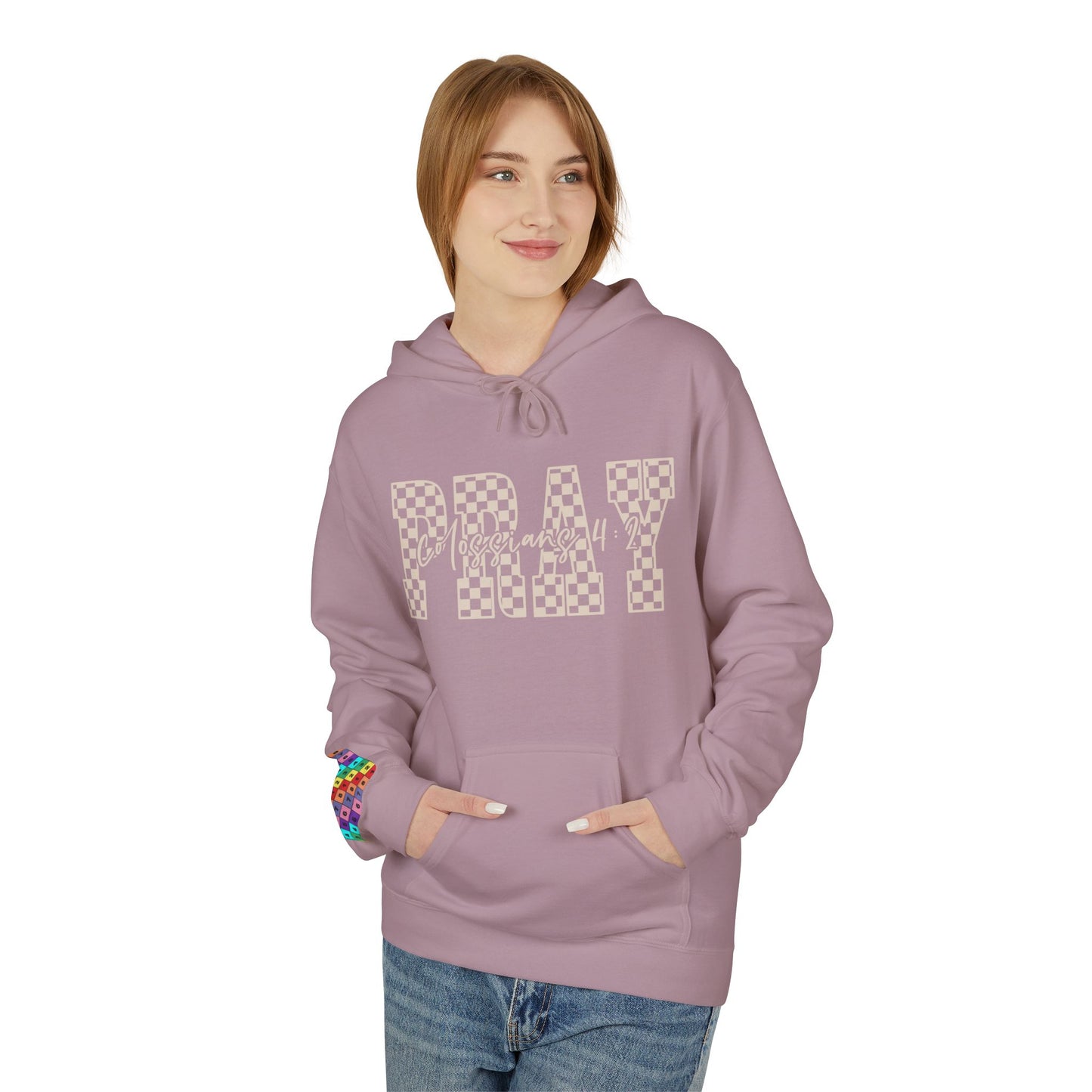 Pray Checkerboard Fleece Hoodie, Comfortable Unisex Hoodie, Spiritual Gift, Casual Wear, Cozy Sweatshirt, Christian hoodie
