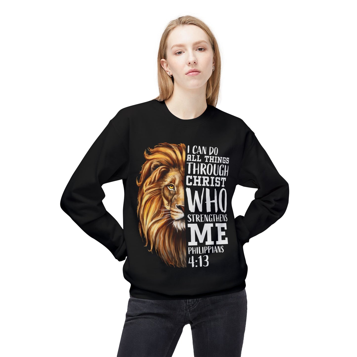 Christian Inspirational Lion Sweatshirt, Motivational Crewneck, Faith-Based Apparel, Cozy Gift for Believers, Scripture Decor