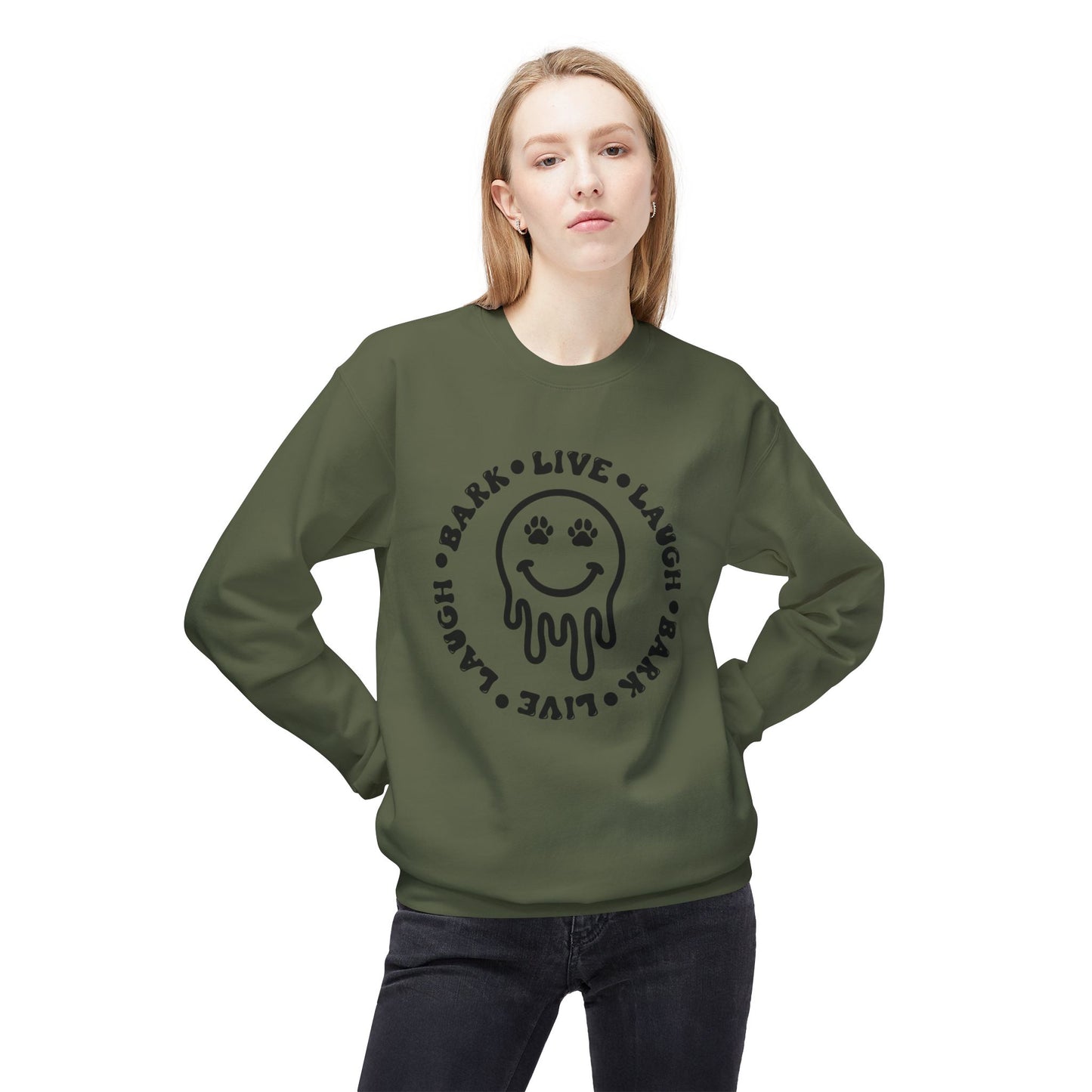 Live Laugh Bark Dog Lover Sweatshirt, Unisex Fleece Crewneck, Funny Pet Gift, Cozy Dog Mom Apparel, Comfortable Dog Owner Hoodie