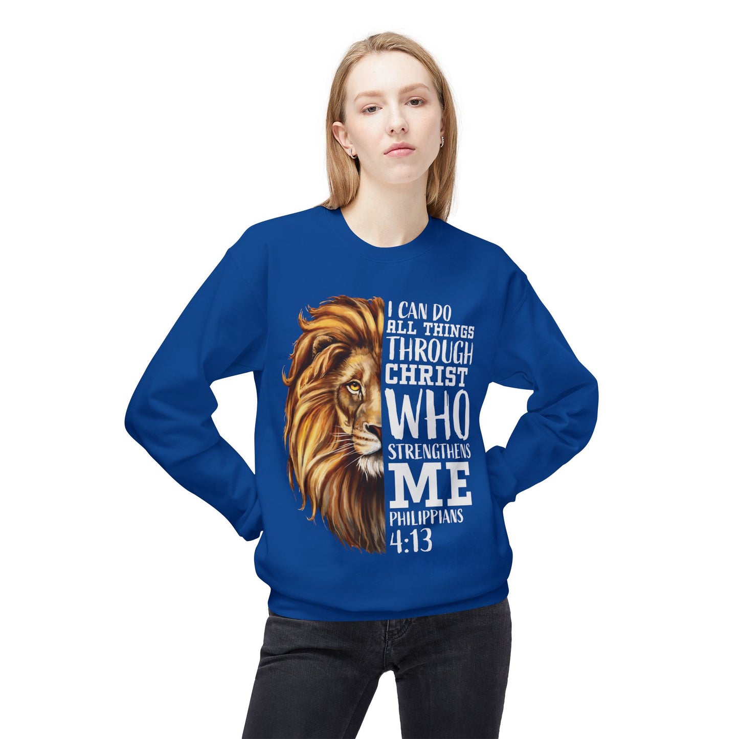 Christian Inspirational Lion Sweatshirt, Motivational Crewneck, Faith-Based Apparel, Cozy Gift for Believers, Scripture Decor