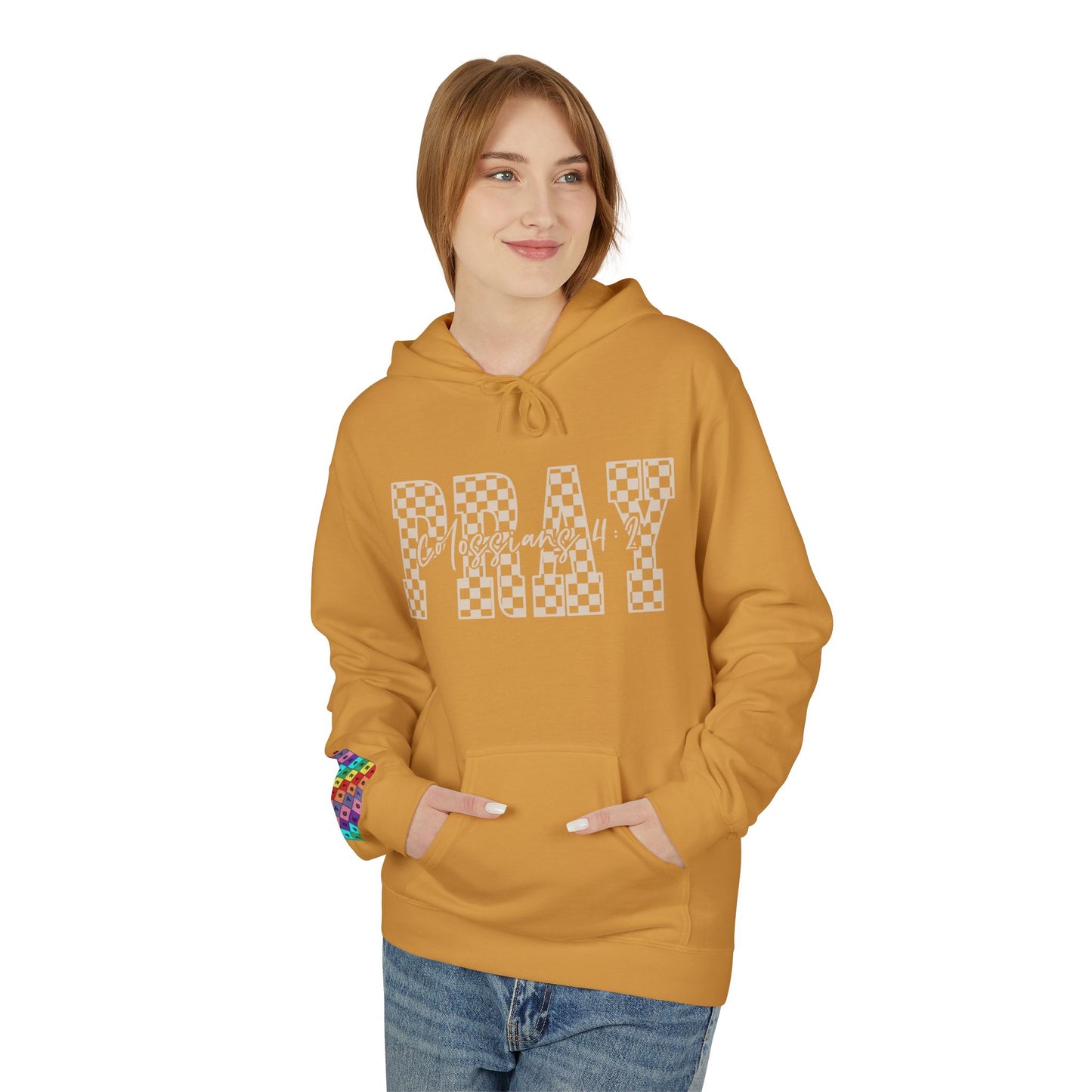 Pray Checkerboard Fleece Hoodie, Comfortable Unisex Hoodie, Spiritual Gift, Casual Wear, Cozy Sweatshirt, Christian hoodie
