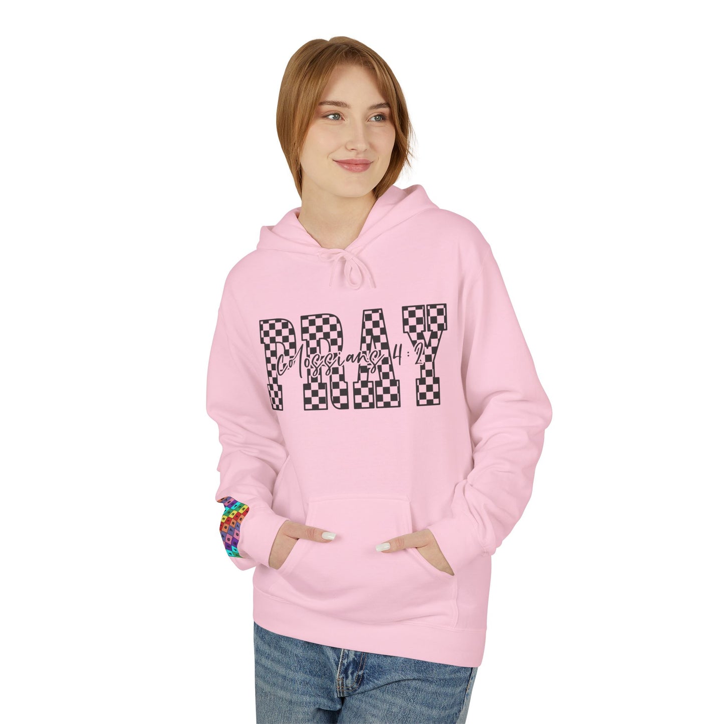 Pray Checkerboard Fleece Hoodie, Comfortable Unisex Hoodie, Spiritual Gift, Casual Wear, Cozy Sweatshirt, Christian hoodie