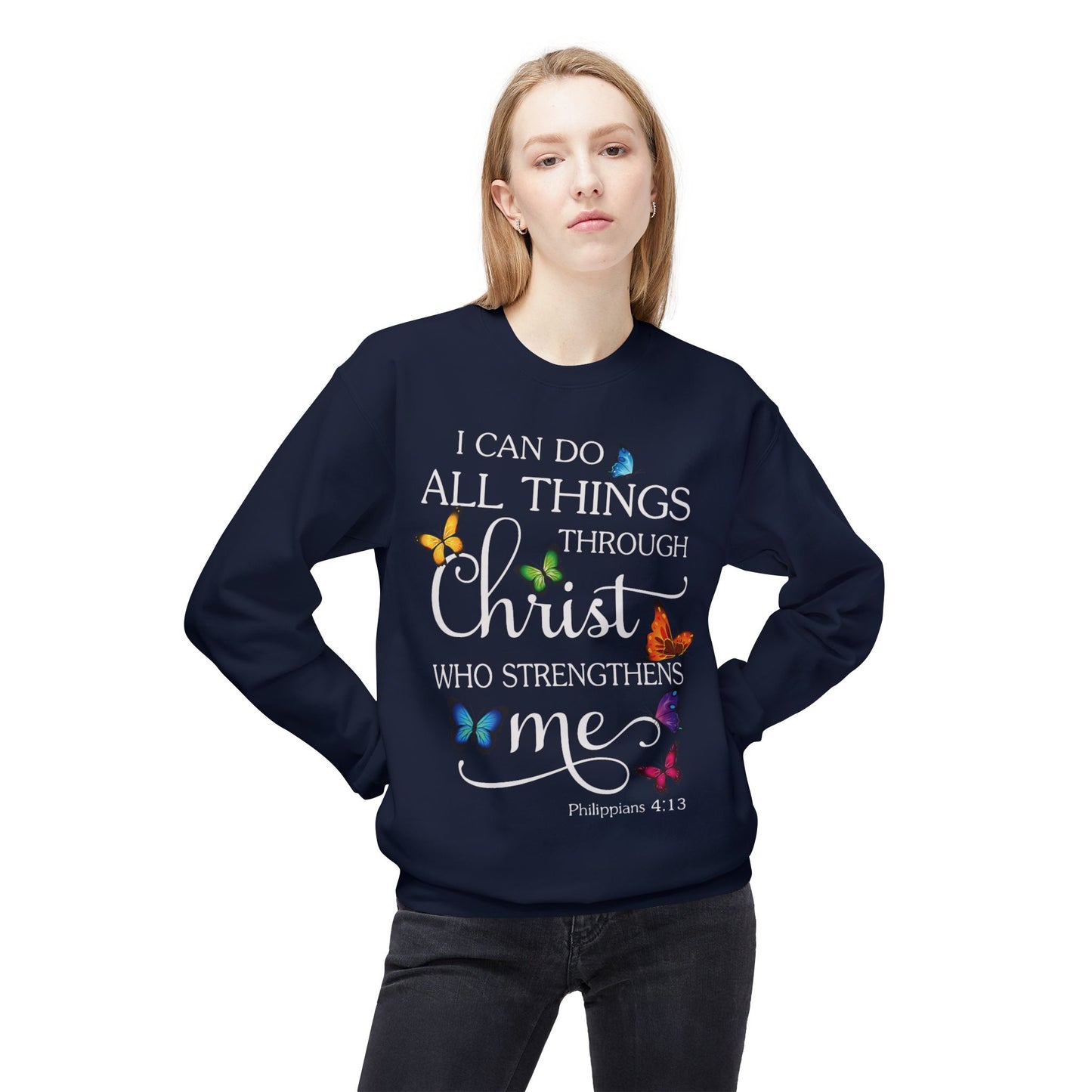 Inspirational Butterfly Crewneck Sweatshirt, Motivational Sweatshirt, Christian Gift, Faith-Based Apparel, Cozy Fleece Top, Philippians 4:13