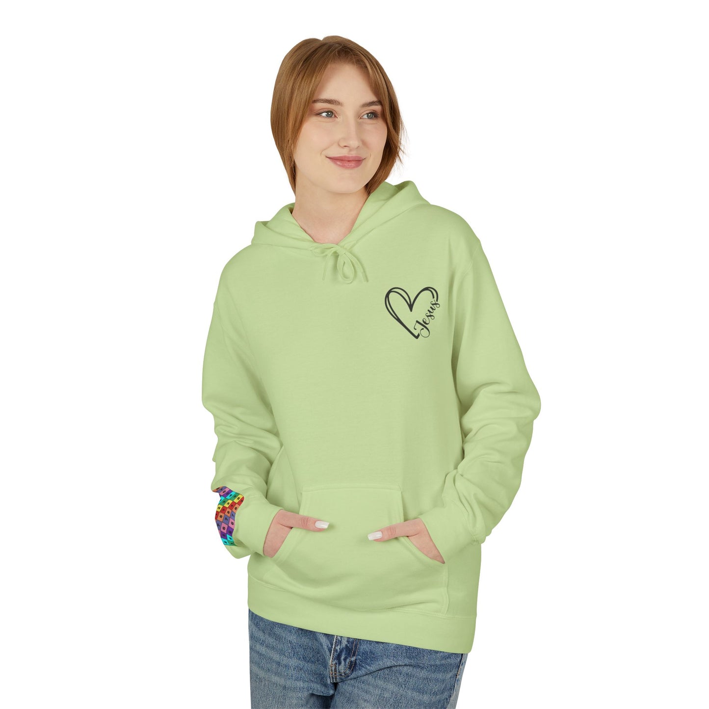 Inspired Fleece Hoodie with Heart and Cross Design, Christian Gift, Casual Wear, Everyday Comfort, Faith-Based Apparel, Cozy Hoodie