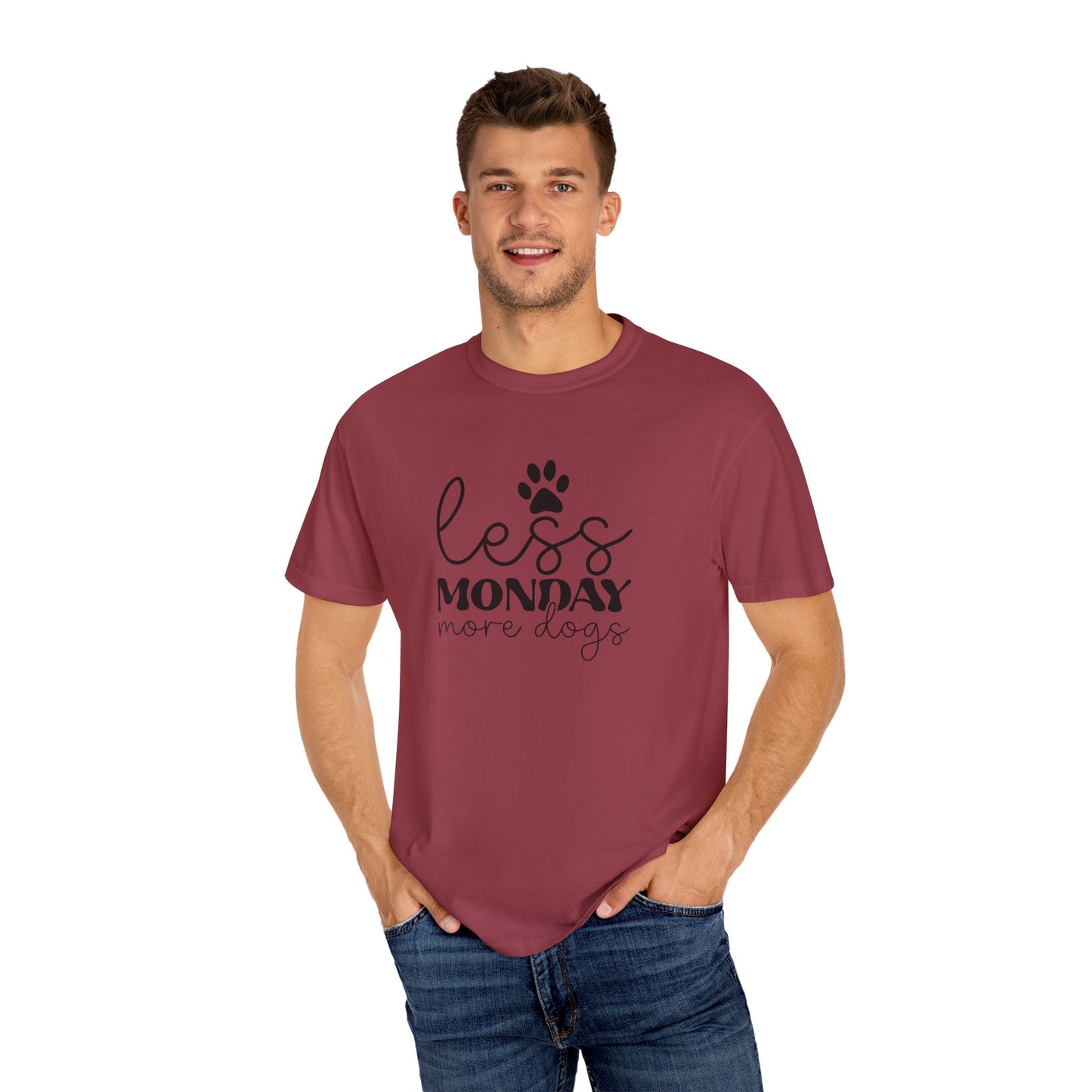 Unisex Garment-Dyed T-Shirt with 'Less Monday More Dogs' Design - Perfect for Dog Lovers, Gifts, Casual Wear, Pet Lovers, Everyday Comfort