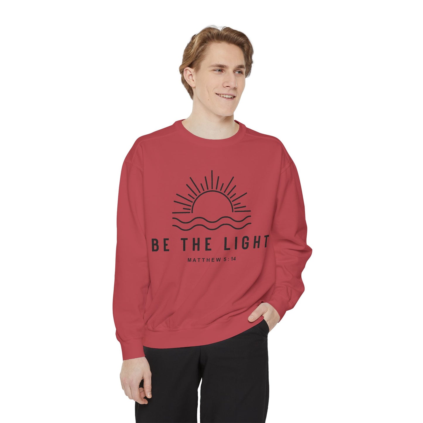 Unisex Motivational Sweatshirt - Be the Light, Garment-Dyed, Cozy Fall Style, Inspirational Gift, Christian Apparel, Everyday Wear