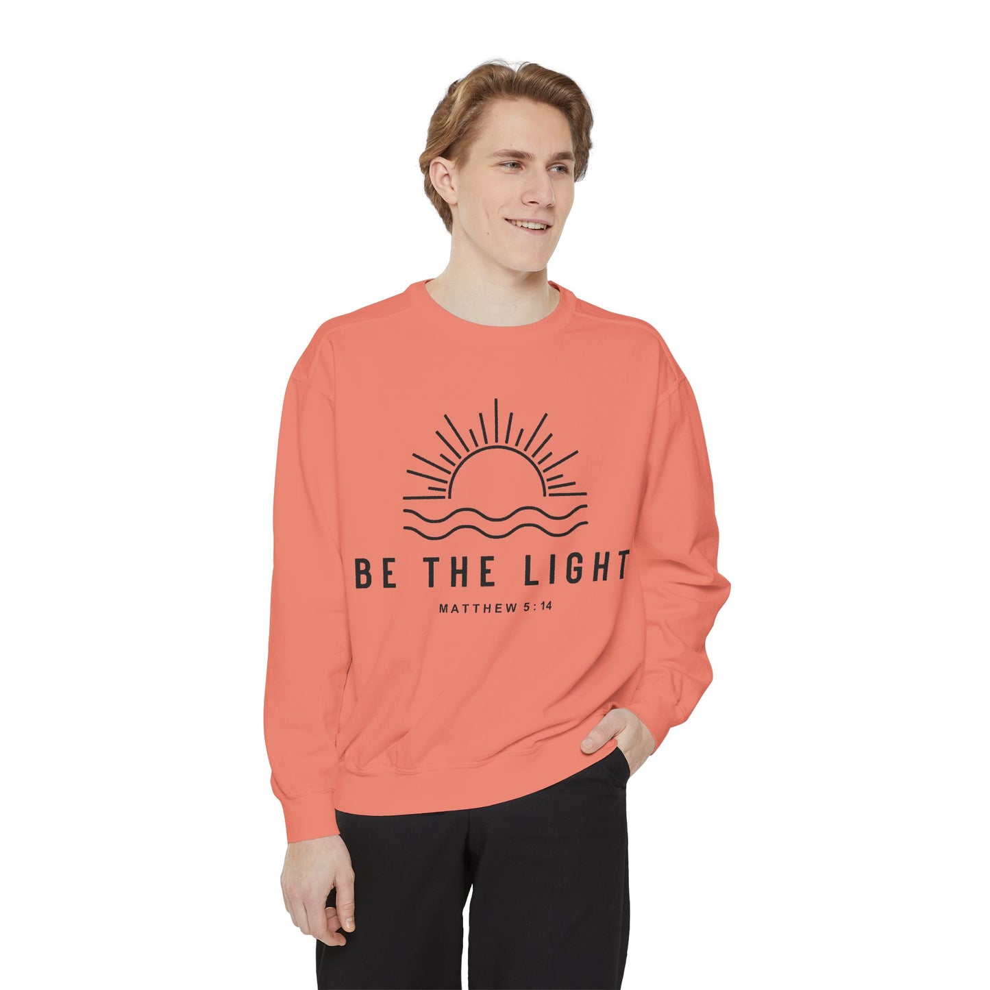 Unisex Motivational Sweatshirt - Be the Light, Garment-Dyed, Cozy Fall Style, Inspirational Gift, Christian Apparel, Everyday Wear