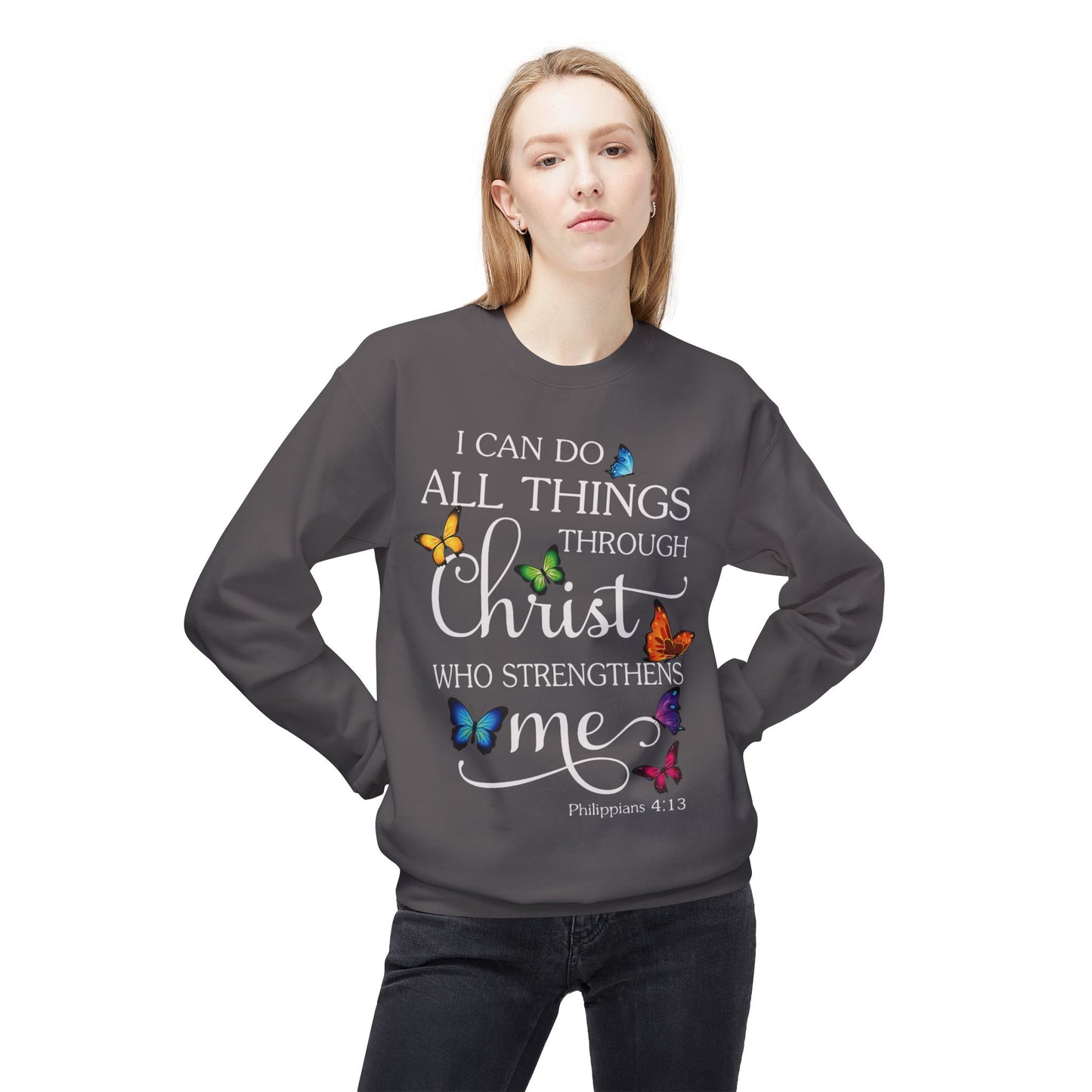 Inspirational Butterfly Crewneck Sweatshirt, Motivational Sweatshirt, Christian Gift, Faith-Based Apparel, Cozy Fleece Top, Philippians 4:13