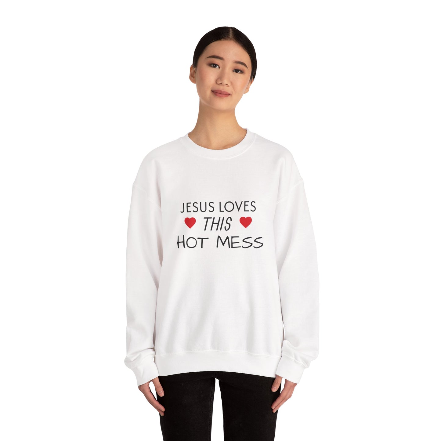 Jesus Loves This Hot Mess Sweatshirt, Comfortable Crewneck, Gift for Her, Funny Sweatshirt, Casual Wear, Everyday Apparel