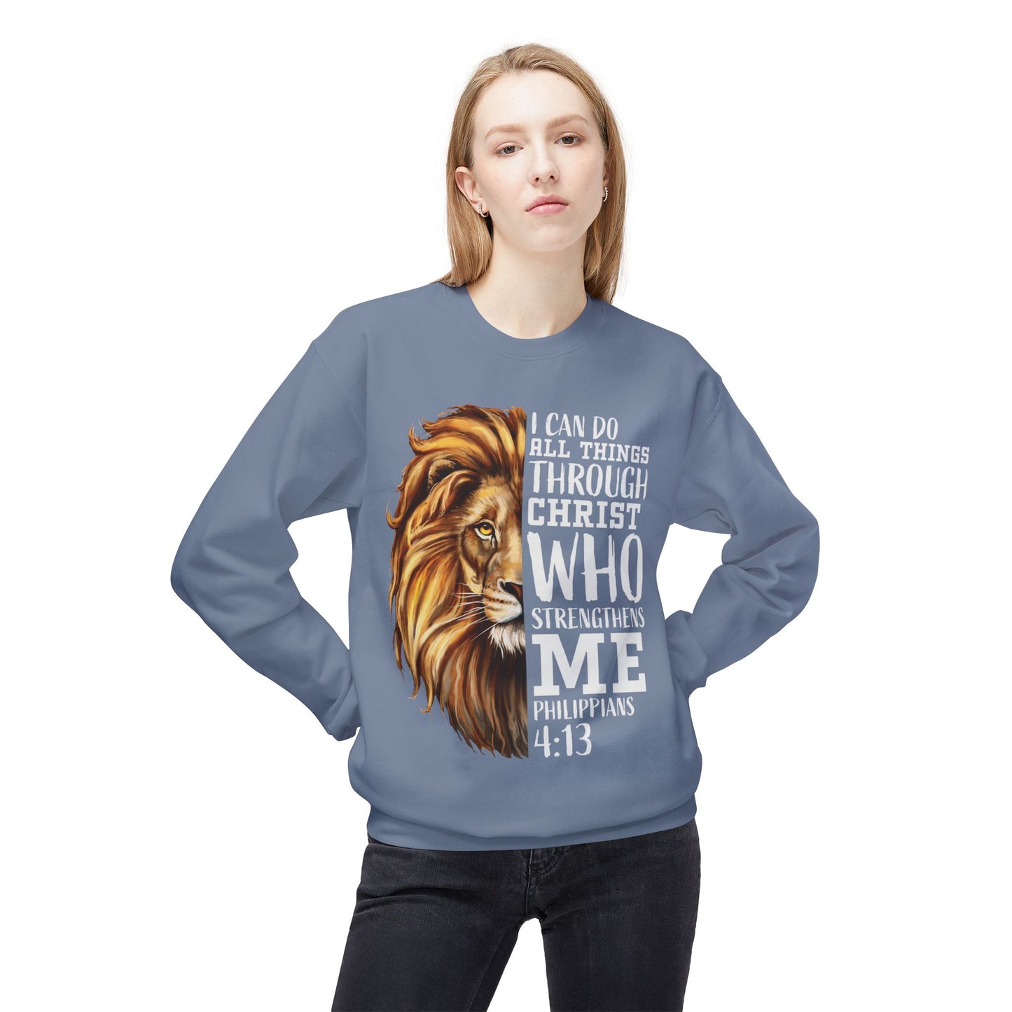 Christian Inspirational Lion Sweatshirt, Motivational Crewneck, Faith-Based Apparel, Cozy Gift for Believers, Scripture Decor
