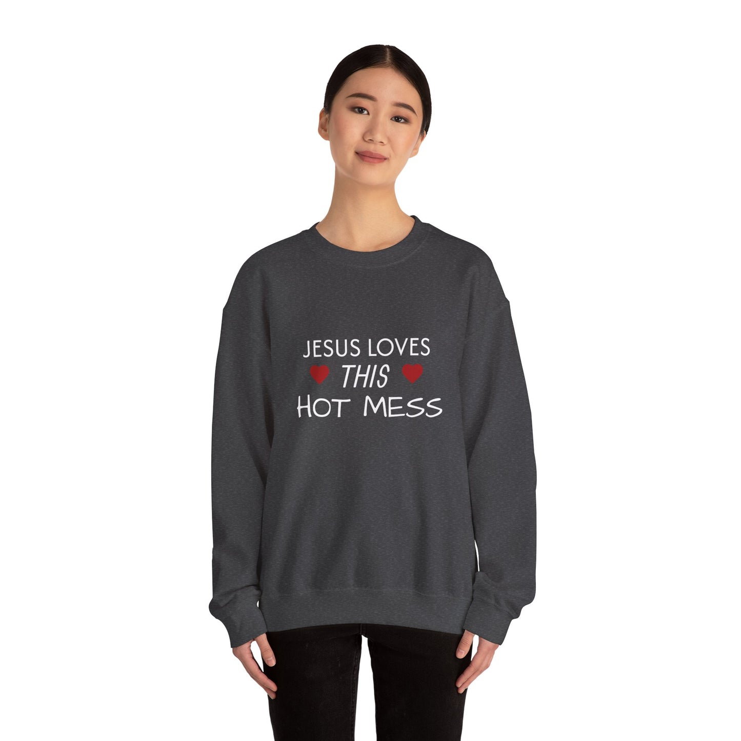 Jesus Loves This Hot Mess Sweatshirt, Comfortable Crewneck, Gift for Her, Funny Sweatshirt, Casual Wear, Everyday Apparel