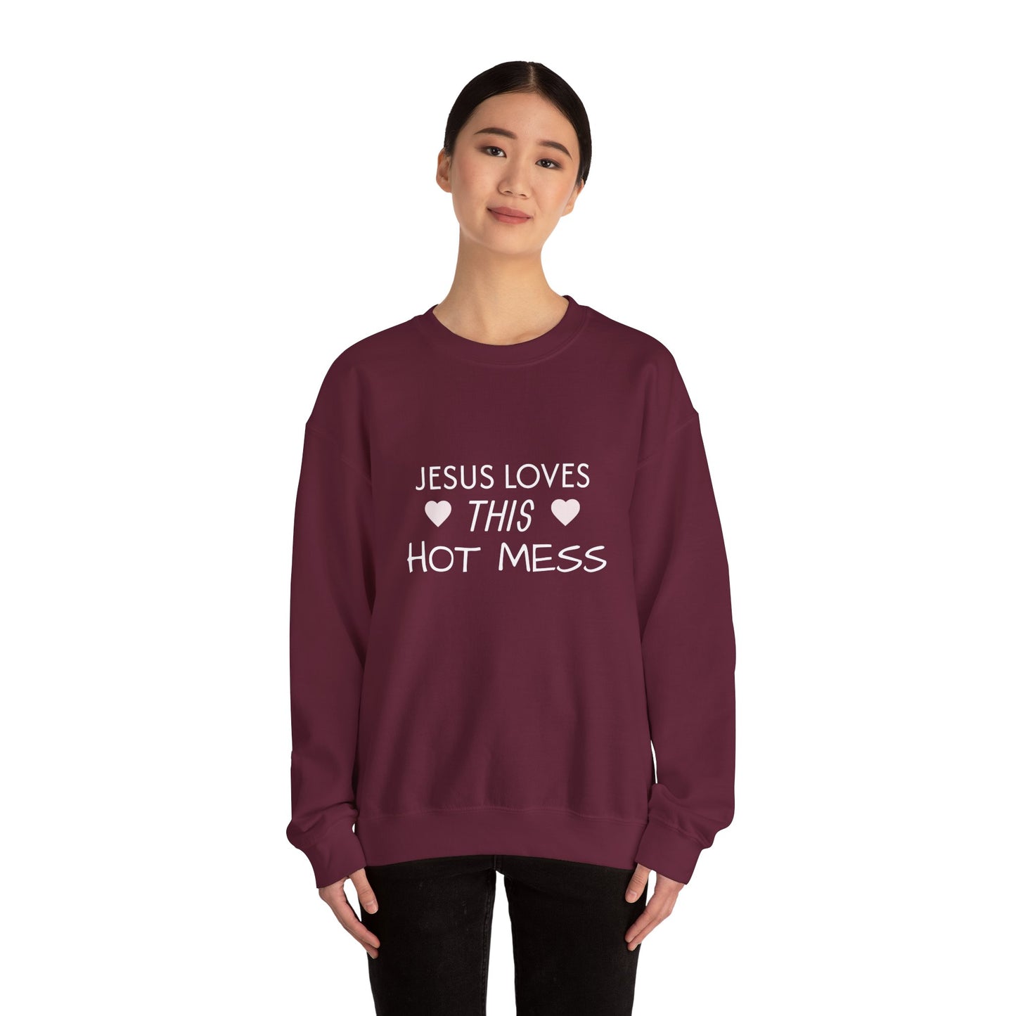 Jesus Loves This Hot Mess Sweatshirt, Comfortable Crewneck, Gift for Her, Funny Sweatshirt, Casual Wear, Everyday Apparel