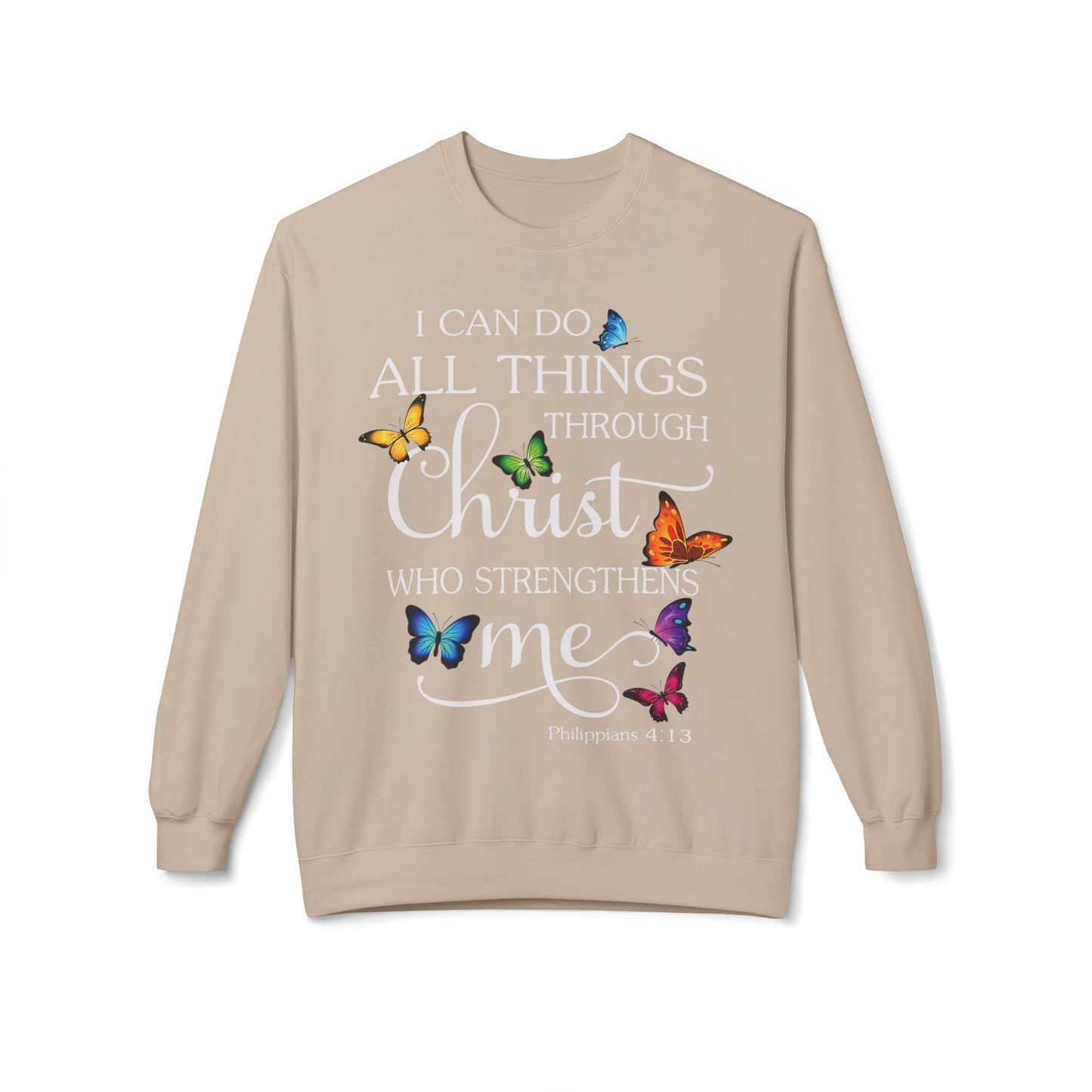 Inspirational Butterfly Crewneck Sweatshirt, Motivational Sweatshirt, Christian Gift, Faith-Based Apparel, Cozy Fleece Top, Philippians 4:13