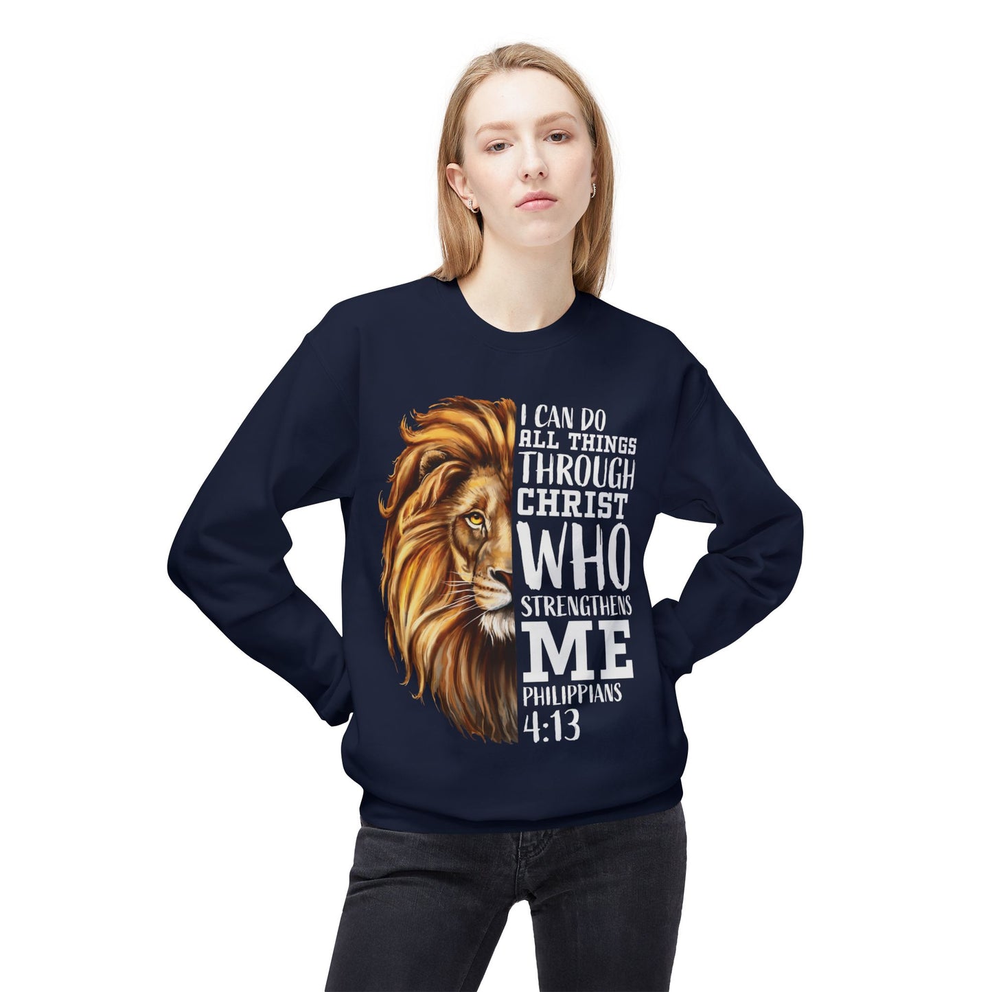 Christian Inspirational Lion Sweatshirt, Motivational Crewneck, Faith-Based Apparel, Cozy Gift for Believers, Scripture Decor