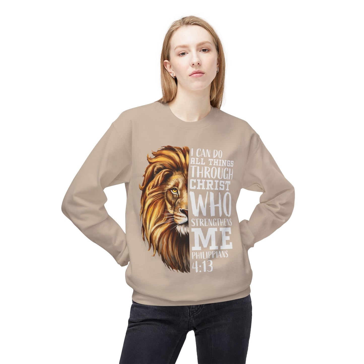 Christian Inspirational Lion Sweatshirt, Motivational Crewneck, Faith-Based Apparel, Cozy Gift for Believers, Scripture Decor