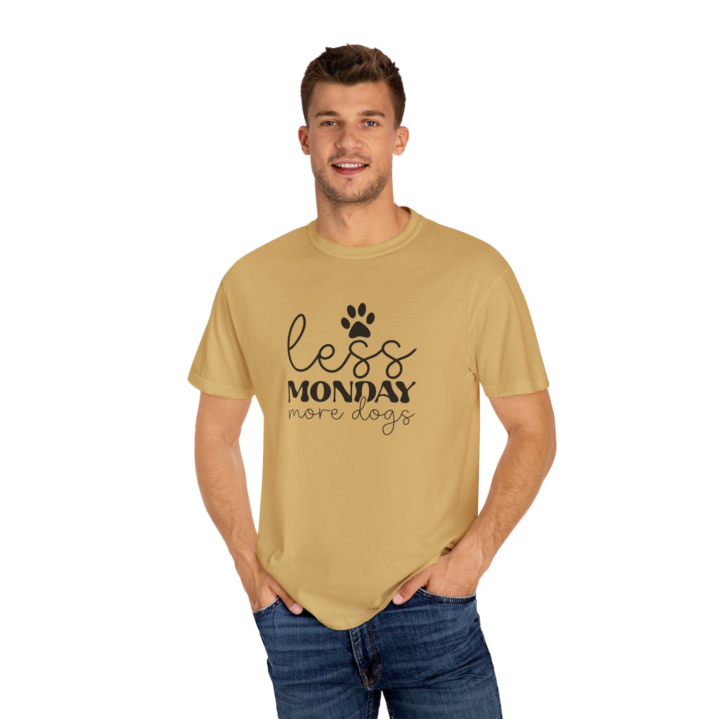 Unisex Garment-Dyed T-Shirt with 'Less Monday More Dogs' Design - Perfect for Dog Lovers, Gifts, Casual Wear, Pet Lovers, Everyday Comfort