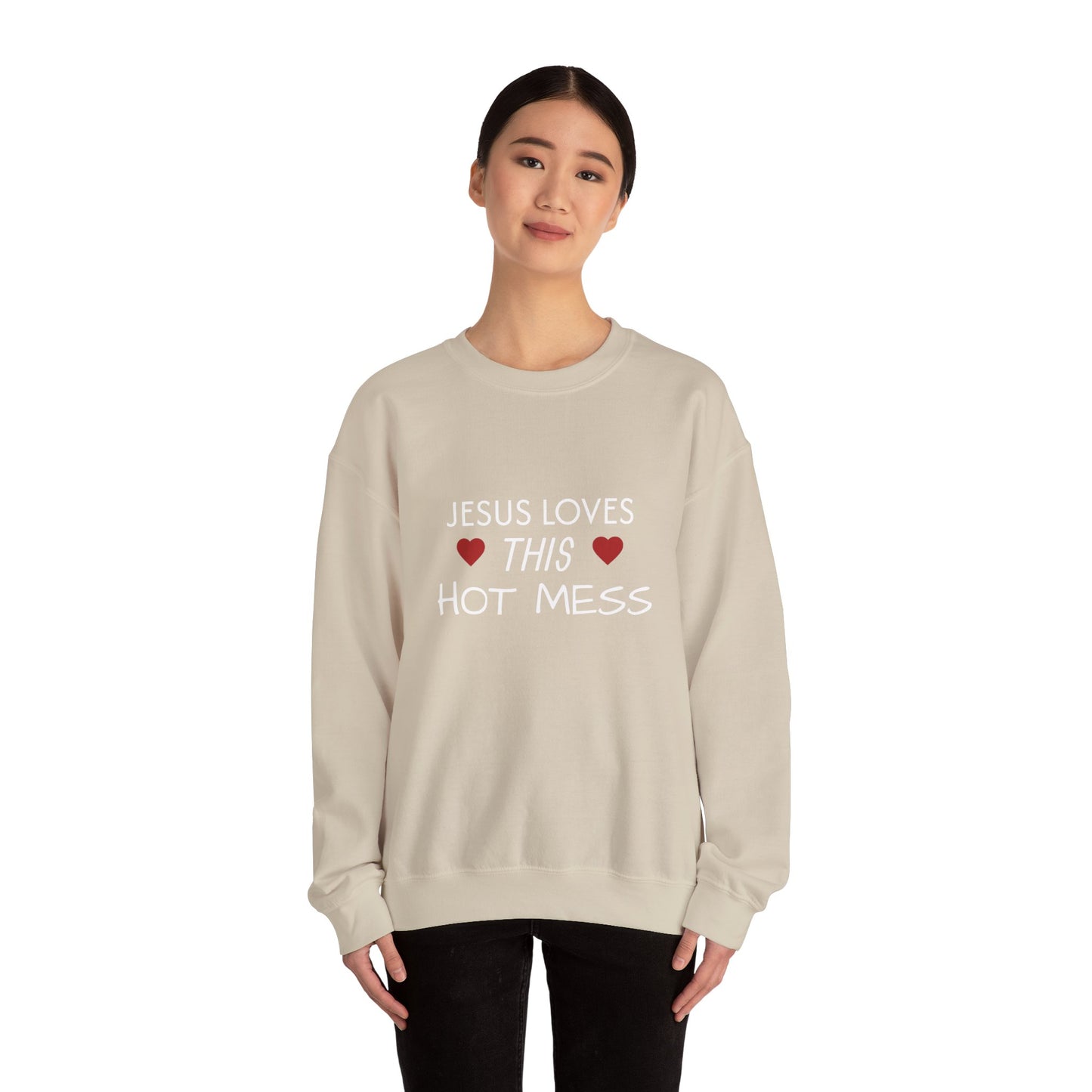 Jesus Loves This Hot Mess Sweatshirt, Comfortable Crewneck, Gift for Her, Funny Sweatshirt, Casual Wear, Everyday Apparel