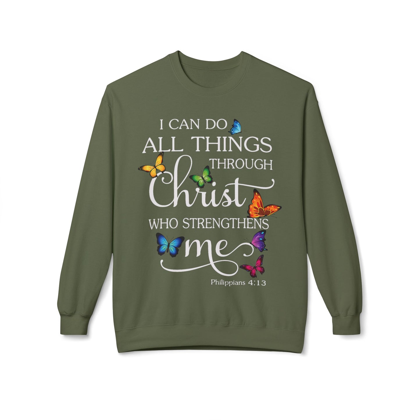 Inspirational Butterfly Crewneck Sweatshirt, Motivational Sweatshirt, Christian Gift, Faith-Based Apparel, Cozy Fleece Top, Philippians 4:13