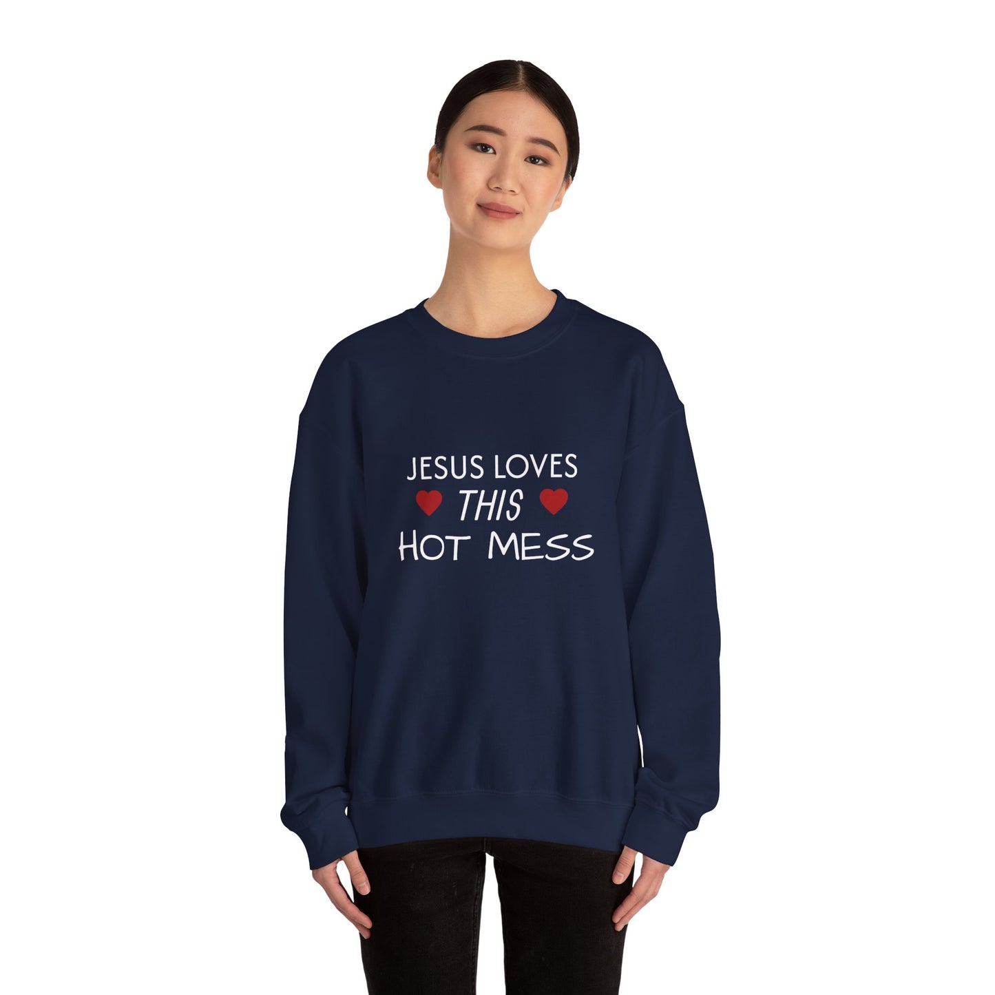 Jesus Loves This Hot Mess Sweatshirt, Comfortable Crewneck, Gift for Her, Funny Sweatshirt, Casual Wear, Everyday Apparel