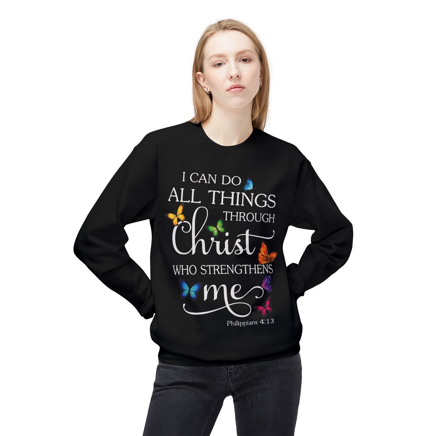 Inspirational Butterfly Crewneck Sweatshirt, Motivational Sweatshirt, Christian Gift, Faith-Based Apparel, Cozy Fleece Top, Philippians 4:13