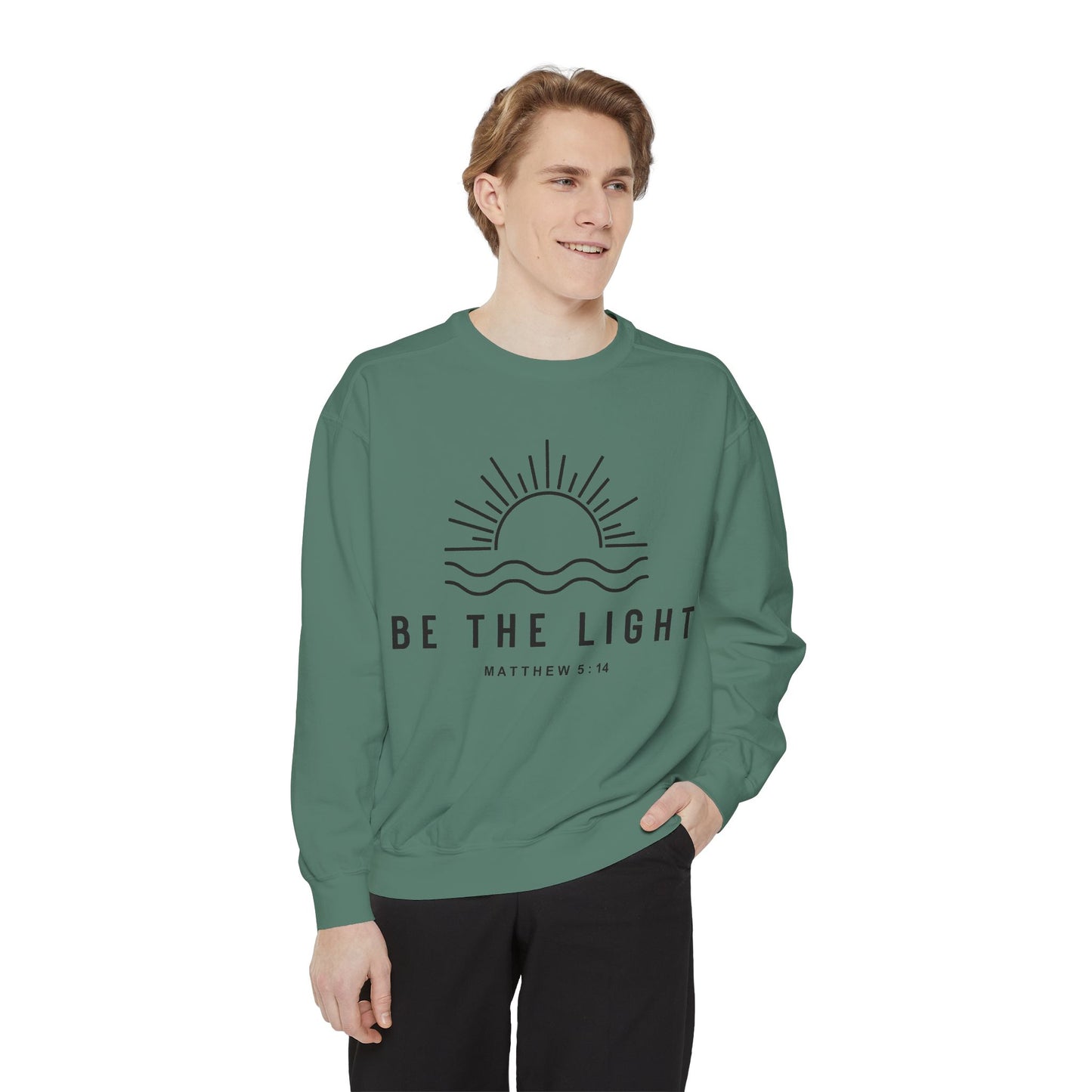Unisex Motivational Sweatshirt - Be the Light, Garment-Dyed, Cozy Fall Style, Inspirational Gift, Christian Apparel, Everyday Wear