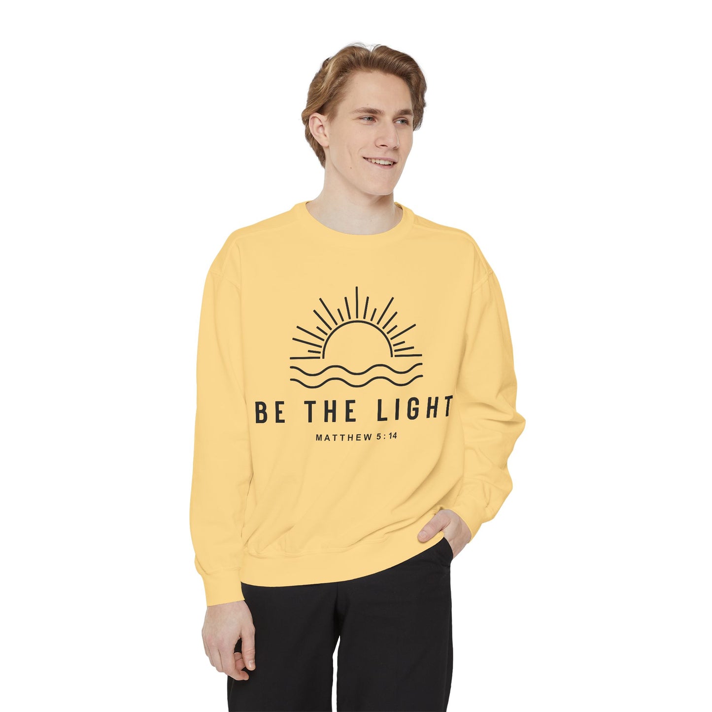 Unisex Motivational Sweatshirt - Be the Light, Garment-Dyed, Cozy Fall Style, Inspirational Gift, Christian Apparel, Everyday Wear