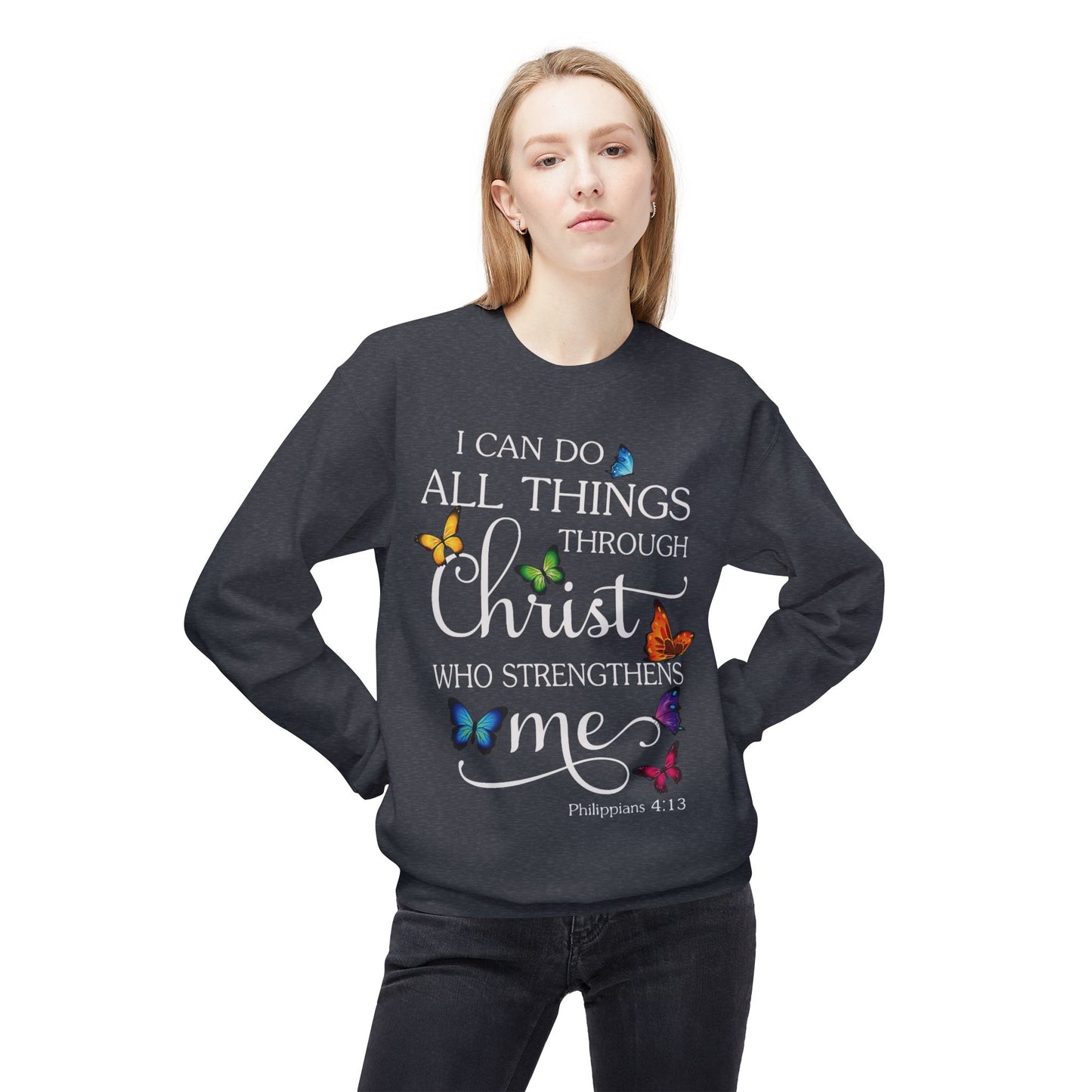 Inspirational Butterfly Crewneck Sweatshirt, Motivational Sweatshirt, Christian Gift, Faith-Based Apparel, Cozy Fleece Top, Philippians 4:13