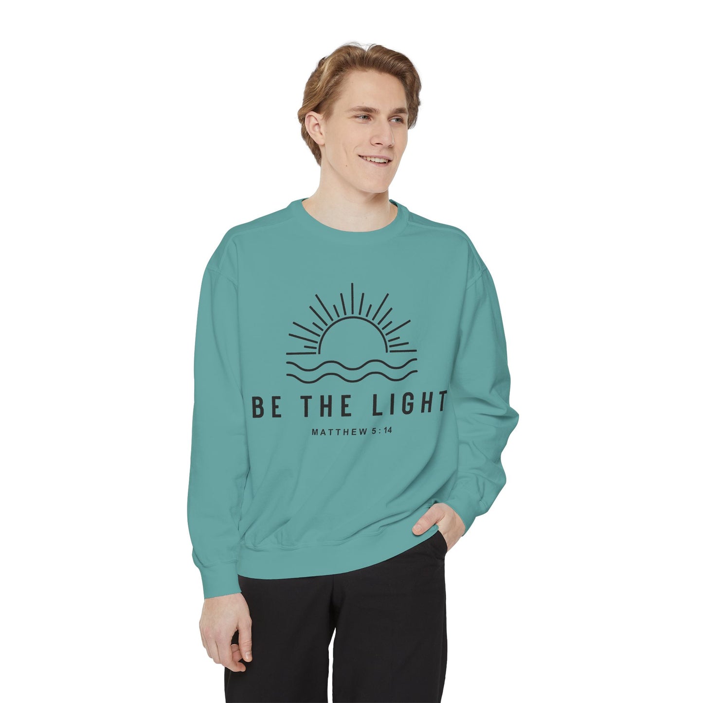 Unisex Motivational Sweatshirt - Be the Light, Garment-Dyed, Cozy Fall Style, Inspirational Gift, Christian Apparel, Everyday Wear