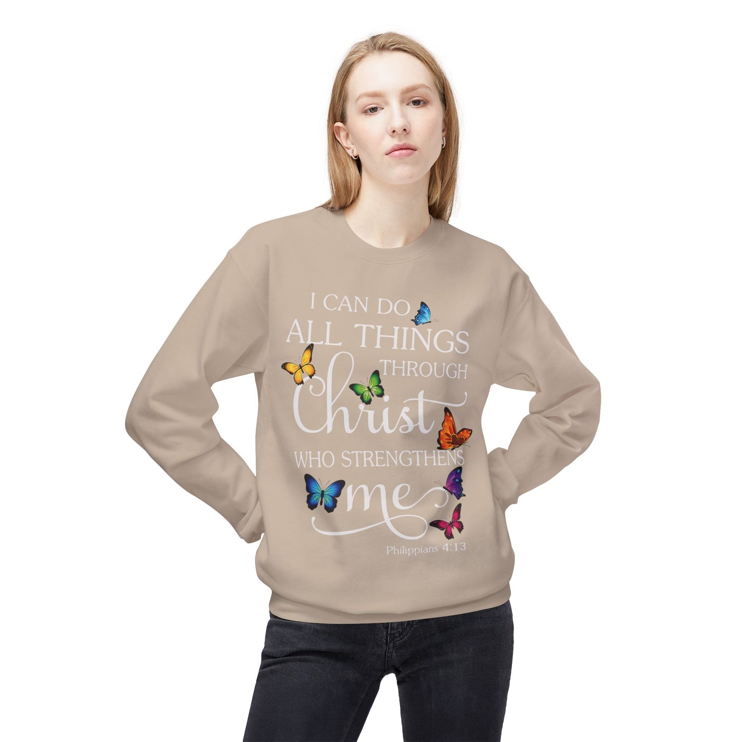 Inspirational Butterfly Crewneck Sweatshirt, Motivational Sweatshirt, Christian Gift, Faith-Based Apparel, Cozy Fleece Top, Philippians 4:13