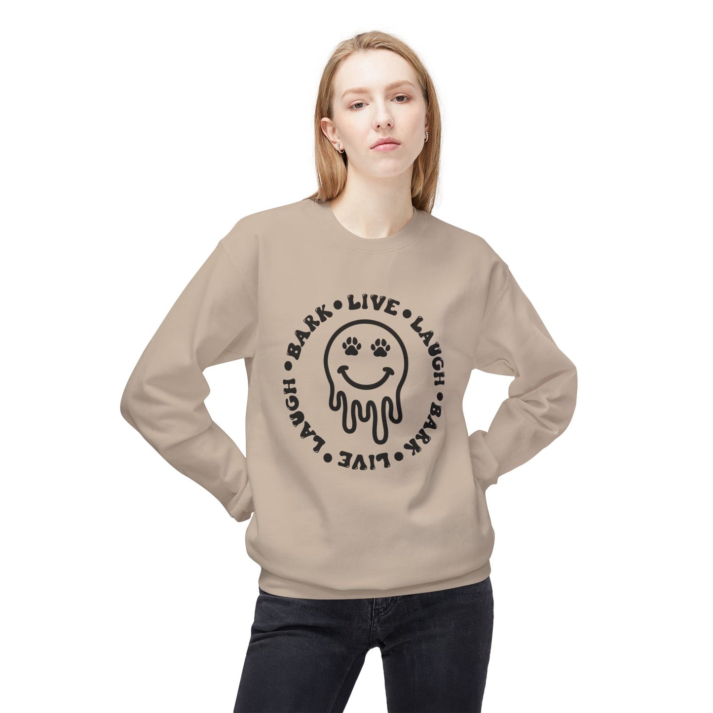Live Laugh Bark Dog Lover Sweatshirt, Unisex Fleece Crewneck, Funny Pet Gift, Cozy Dog Mom Apparel, Comfortable Dog Owner Hoodie