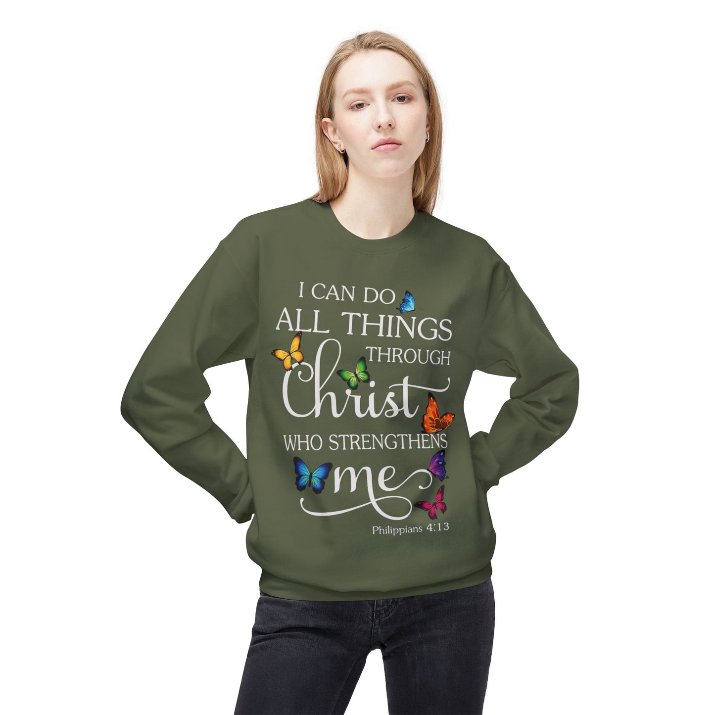 Inspirational Butterfly Crewneck Sweatshirt, Motivational Sweatshirt, Christian Gift, Faith-Based Apparel, Cozy Fleece Top, Philippians 4:13