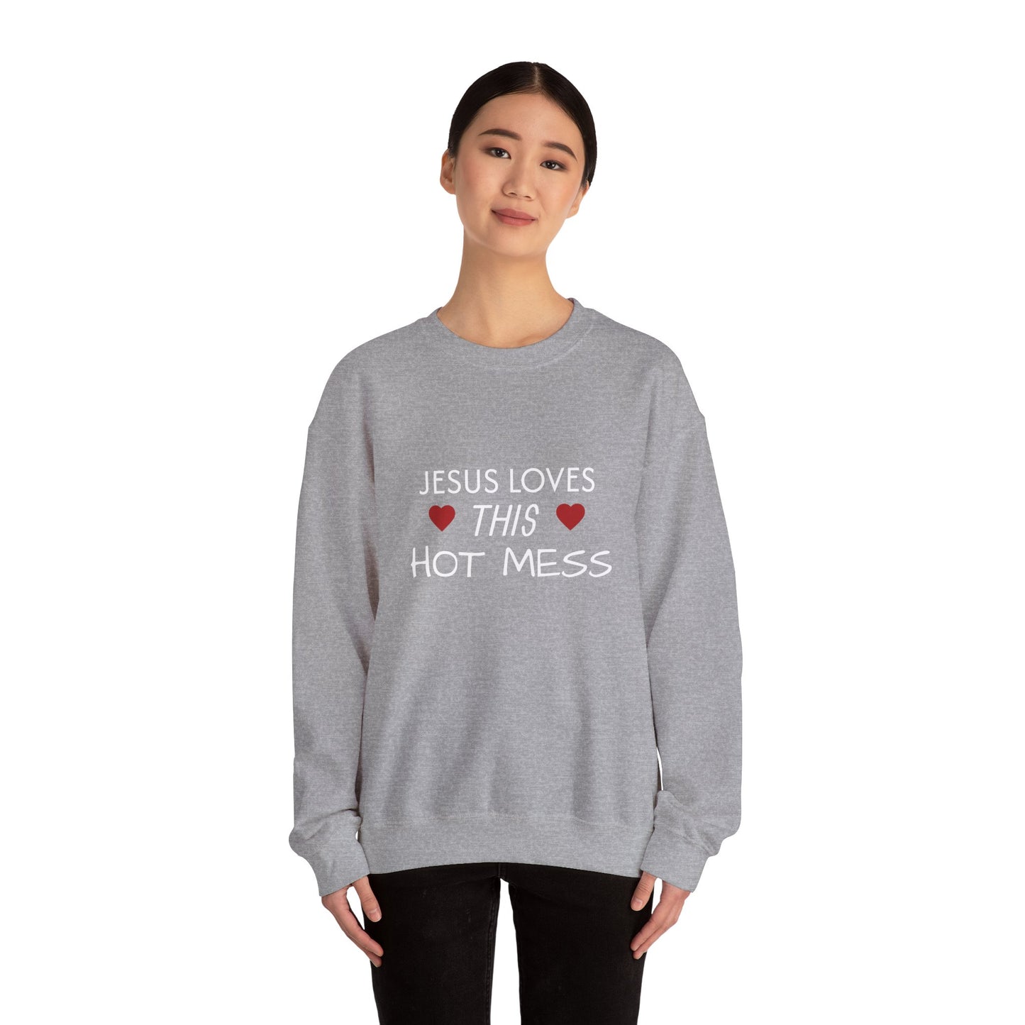 Jesus Loves This Hot Mess Sweatshirt, Comfortable Crewneck, Gift for Her, Funny Sweatshirt, Casual Wear, Everyday Apparel