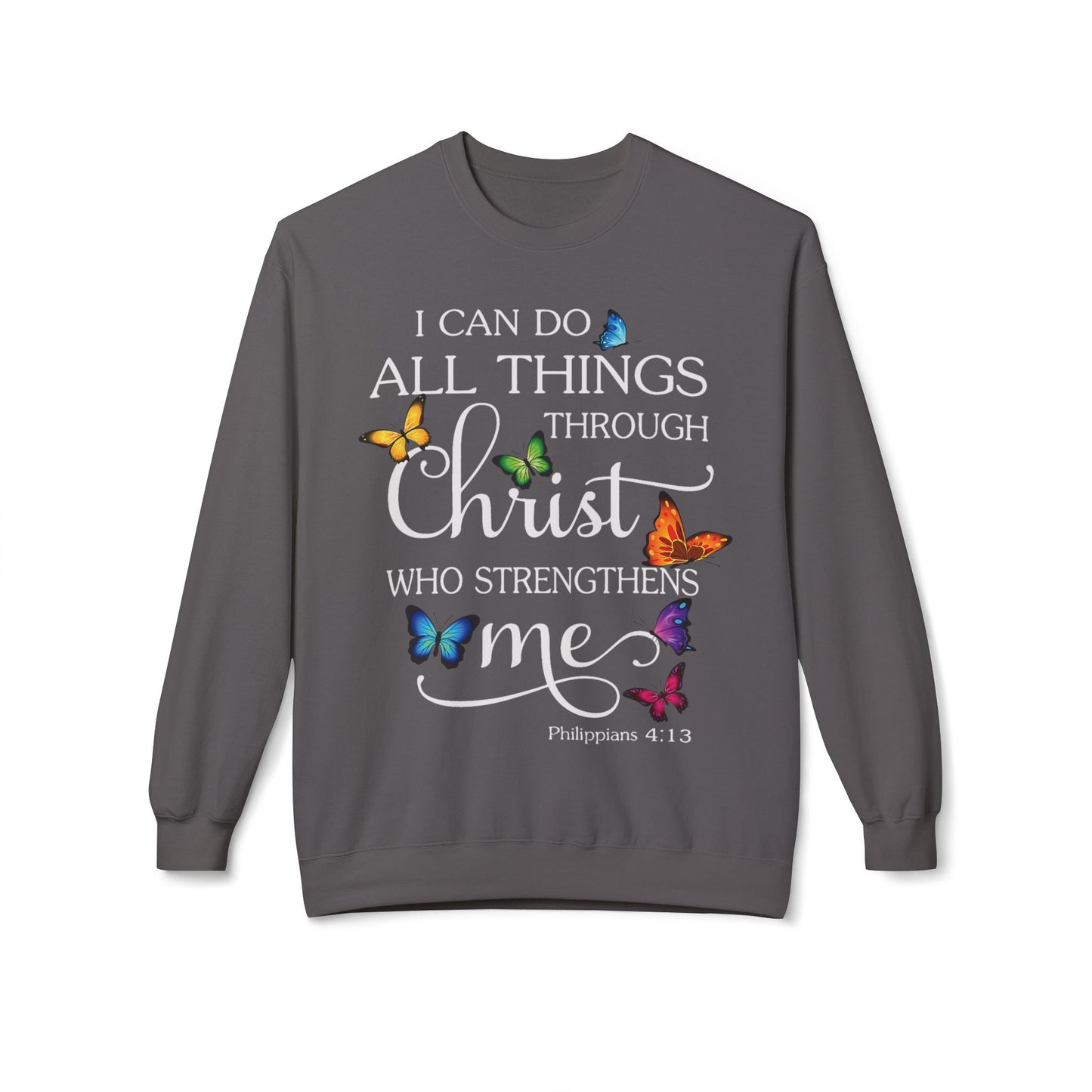 Inspirational Butterfly Crewneck Sweatshirt, Motivational Sweatshirt, Christian Gift, Faith-Based Apparel, Cozy Fleece Top, Philippians 4:13
