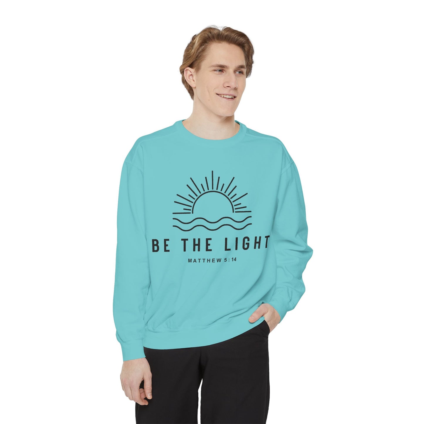 Unisex Motivational Sweatshirt - Be the Light, Garment-Dyed, Cozy Fall Style, Inspirational Gift, Christian Apparel, Everyday Wear
