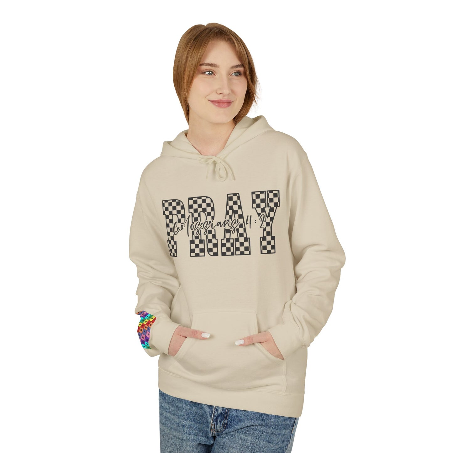 Pray Checkerboard Fleece Hoodie, Comfortable Unisex Hoodie, Spiritual Gift, Casual Wear, Cozy Sweatshirt, Christian hoodie